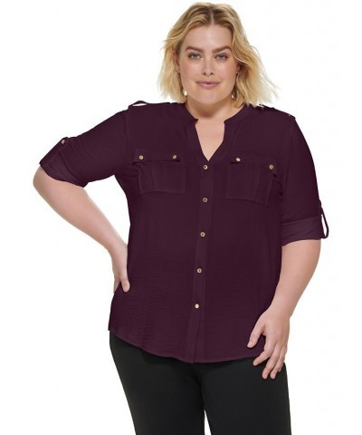 Plus Size Textured Roll Tab Button Down Shirt Purple $29.14 Tops