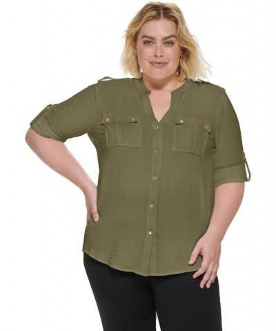 Plus Size Textured Roll Tab Button Down Shirt Purple $29.14 Tops