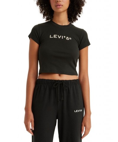 Women's Cotton Cropped Crew-Neck Graphic T-Shirt Caviar $10.58 Tops