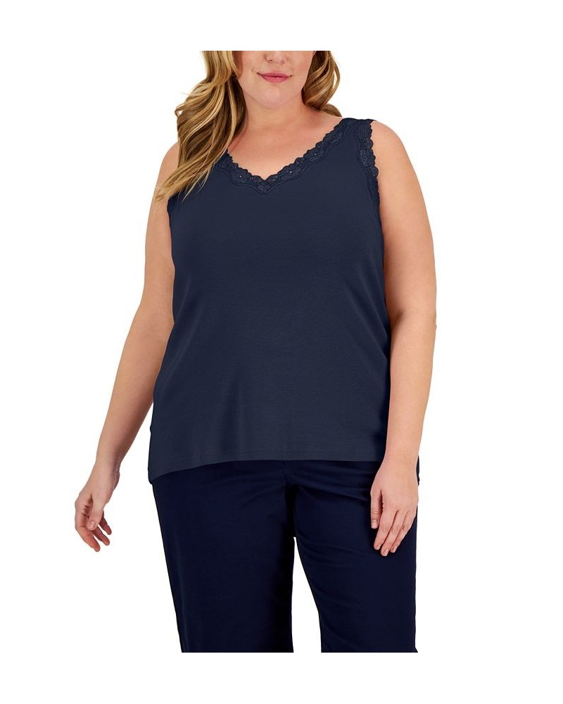 Plus Size Cotton Lace-Trim Top Intrepid Blue $9.59 Tops