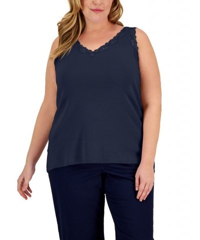 Plus Size Cotton Lace-Trim Top Intrepid Blue $9.59 Tops