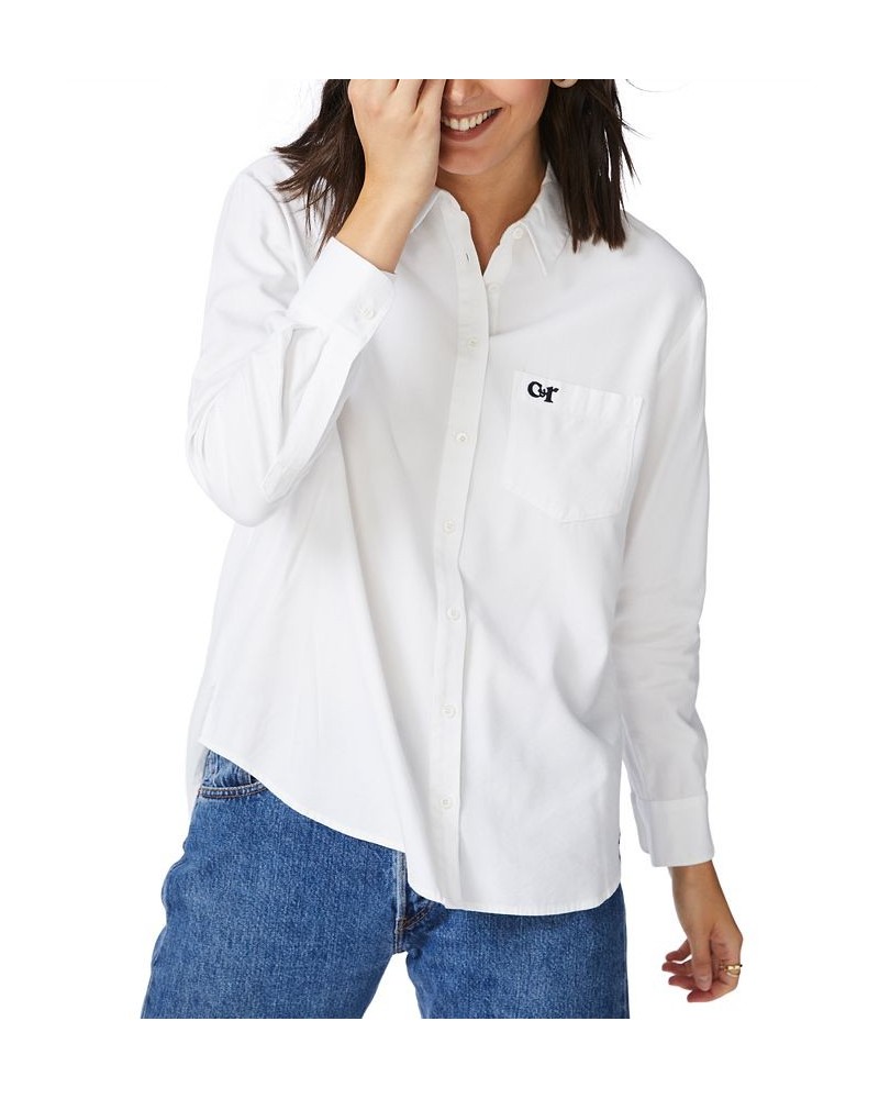 Women's Embroidered Pocket Cotton Shirt Ultra White $42.57 Tops