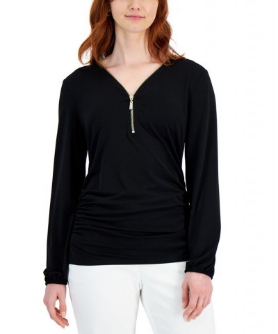 Petite Solid Zip-Front Side-Ruched Top Black $14.87 Tops