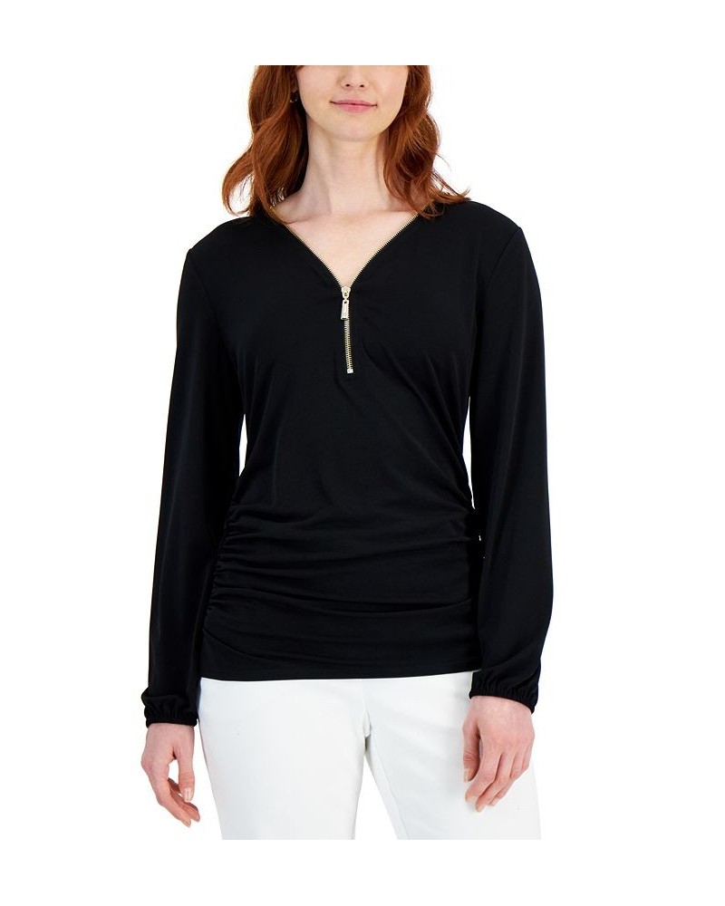 Petite Solid Zip-Front Side-Ruched Top Black $14.87 Tops