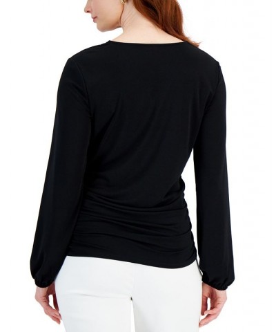 Petite Solid Zip-Front Side-Ruched Top Black $14.87 Tops