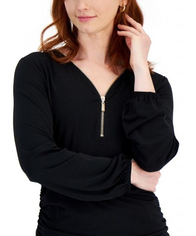 Petite Solid Zip-Front Side-Ruched Top Black $14.87 Tops