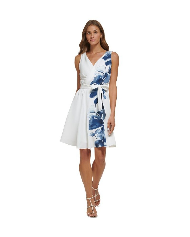 Women's Floral-Border V-Neck Belted Dress Ivory/Navy $63.36 Dresses