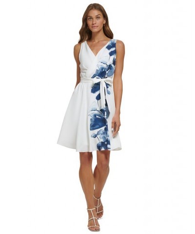 Women's Floral-Border V-Neck Belted Dress Ivory/Navy $63.36 Dresses