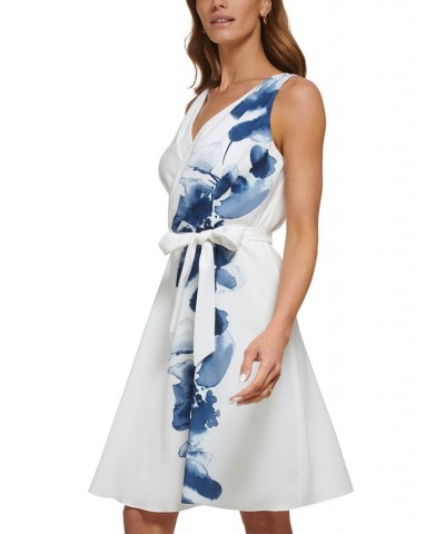 Women's Floral-Border V-Neck Belted Dress Ivory/Navy $63.36 Dresses