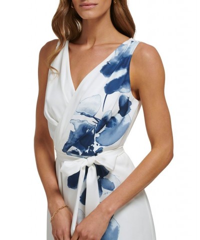 Women's Floral-Border V-Neck Belted Dress Ivory/Navy $63.36 Dresses