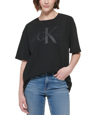 Women's Cotton Oversized Logo Graphic T-Shirt Black $24.26 Tops