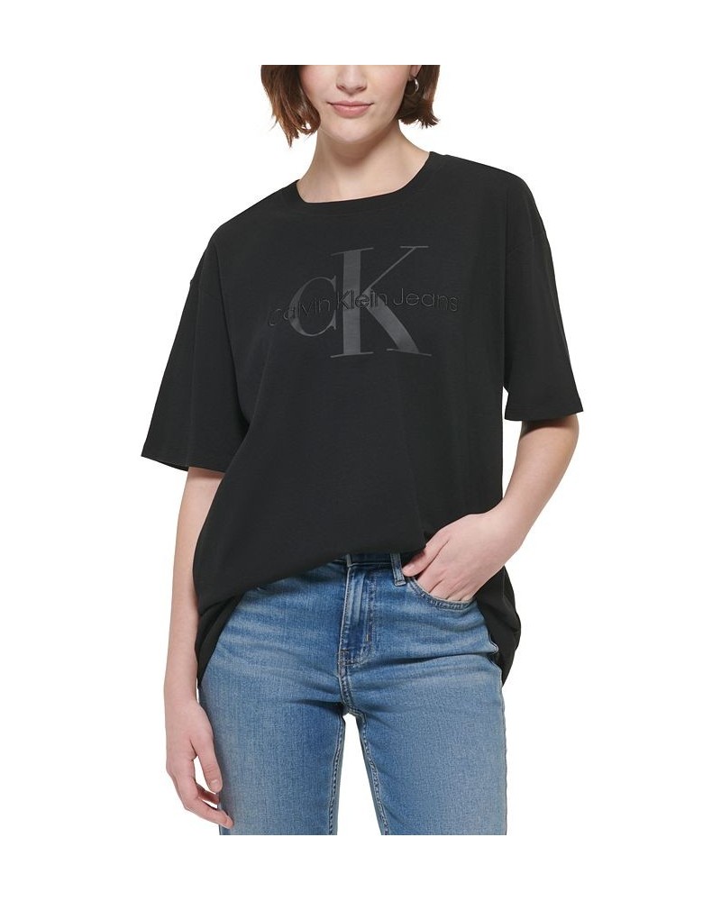 Women's Cotton Oversized Logo Graphic T-Shirt Black $24.26 Tops