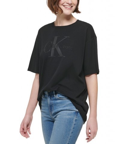 Women's Cotton Oversized Logo Graphic T-Shirt Black $24.26 Tops