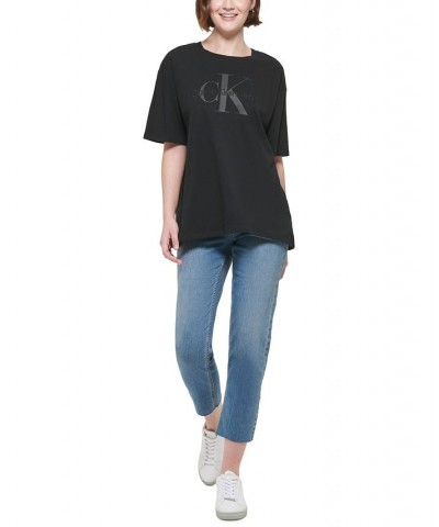 Women's Cotton Oversized Logo Graphic T-Shirt Black $24.26 Tops