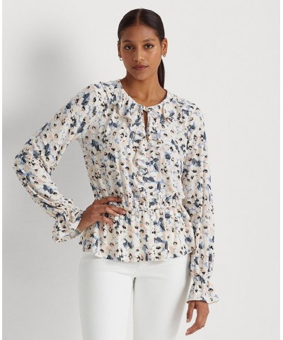 Women's Floral Jersey Tie-Neck Peplum Top Blue Multi $62.00 Tops