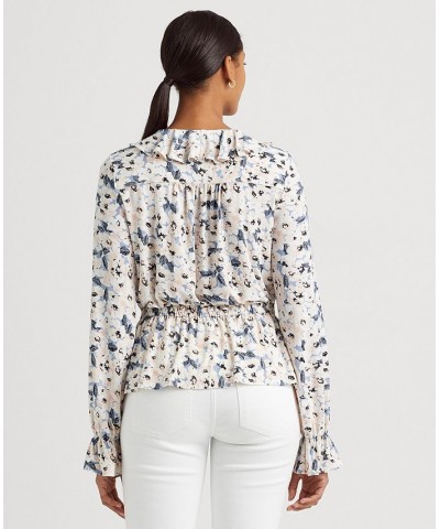 Women's Floral Jersey Tie-Neck Peplum Top Blue Multi $62.00 Tops