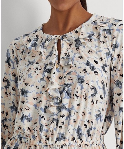 Women's Floral Jersey Tie-Neck Peplum Top Blue Multi $62.00 Tops