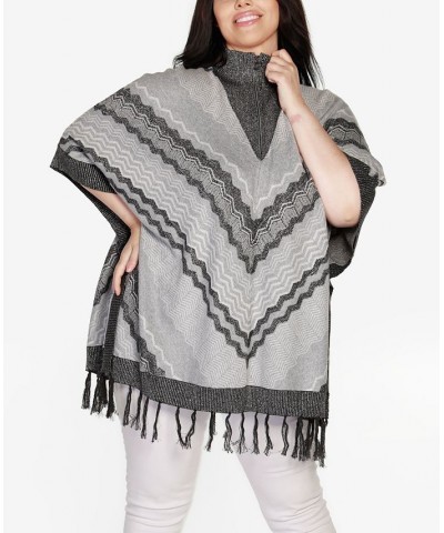 Black Label Plus Size Chevron Fringe Poncho Sweater Heather Gray Combo $32.50 Sweaters
