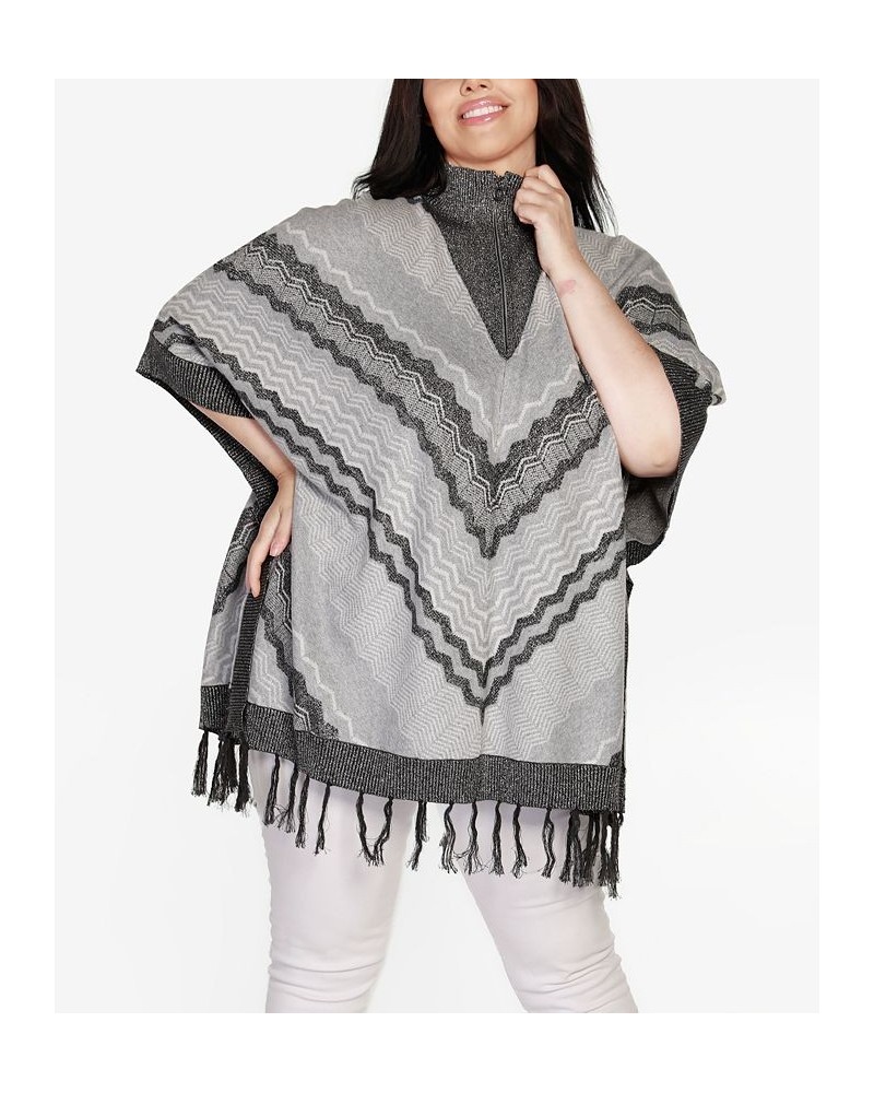 Black Label Plus Size Chevron Fringe Poncho Sweater Heather Gray Combo $32.50 Sweaters