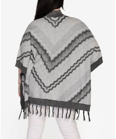 Black Label Plus Size Chevron Fringe Poncho Sweater Heather Gray Combo $32.50 Sweaters