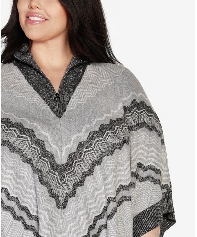 Black Label Plus Size Chevron Fringe Poncho Sweater Heather Gray Combo $32.50 Sweaters