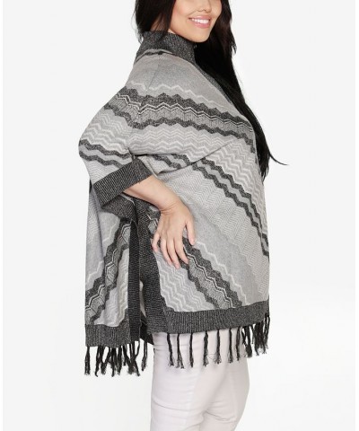 Black Label Plus Size Chevron Fringe Poncho Sweater Heather Gray Combo $32.50 Sweaters