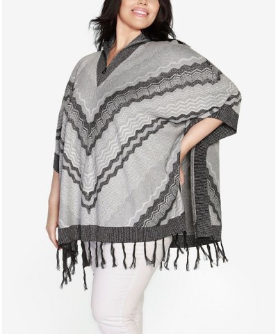 Black Label Plus Size Chevron Fringe Poncho Sweater Heather Gray Combo $32.50 Sweaters