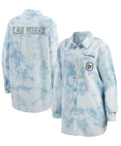 Women's Denim Las Vegas Raiders Chambray Acid-Washed Long Sleeve Button-Up Shirt Denim $35.20 Tops