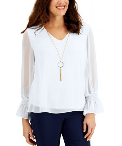 Petite Smocked-Sleeve Necklace Top Bright White $16.73 Tops