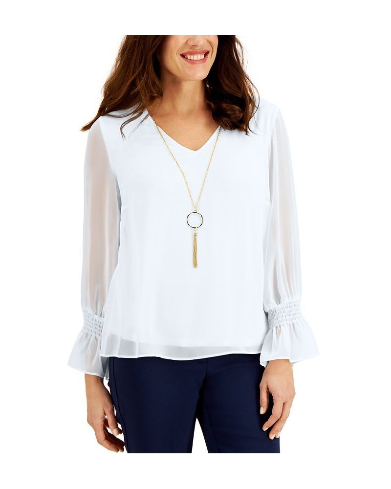 Petite Smocked-Sleeve Necklace Top Bright White $16.73 Tops