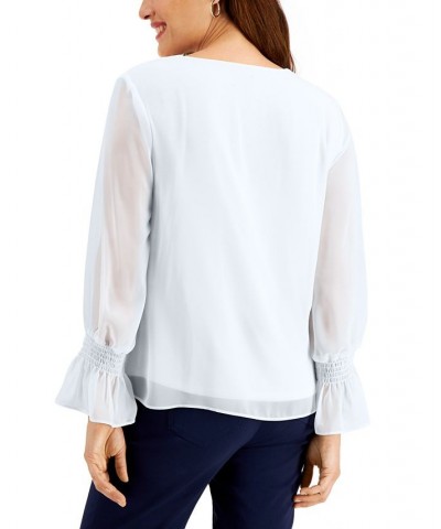 Petite Smocked-Sleeve Necklace Top Bright White $16.73 Tops