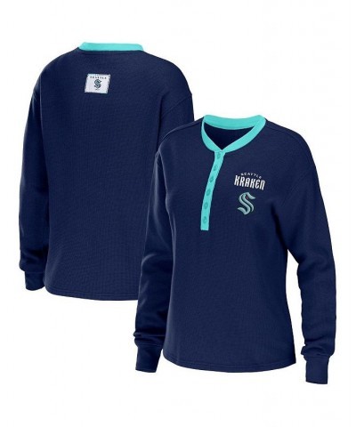 Women's Deep Sea Blue Seattle Kraken Waffle Henley Long Sleeve T-shirt Blue $28.20 Tops