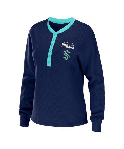 Women's Deep Sea Blue Seattle Kraken Waffle Henley Long Sleeve T-shirt Blue $28.20 Tops