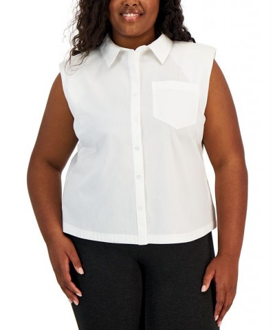 Plus Size Sleeveless Cotton Button-Up Shirt White $41.17 Tops