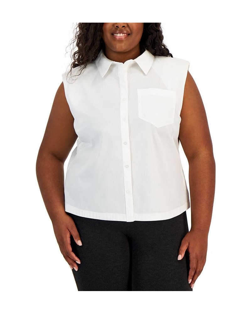 Plus Size Sleeveless Cotton Button-Up Shirt White $41.17 Tops