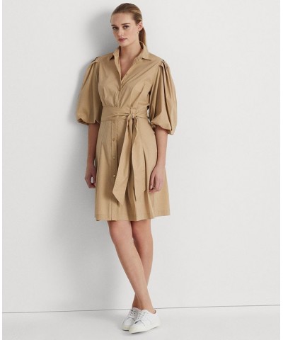 Women's Cotton-Blend Puff-Sleeve Shirtdress Birch Tan $55.00 Dresses