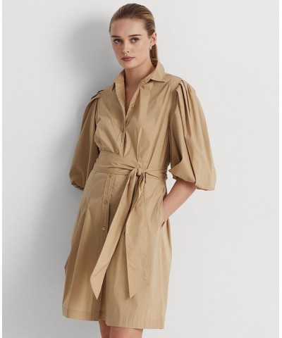 Women's Cotton-Blend Puff-Sleeve Shirtdress Birch Tan $55.00 Dresses