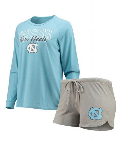 Women's North Carolina Tar Heels Raglan Long Sleeve T-shirt and Shorts Sleep Set Carolina Blue, Gray $33.79 Pajama