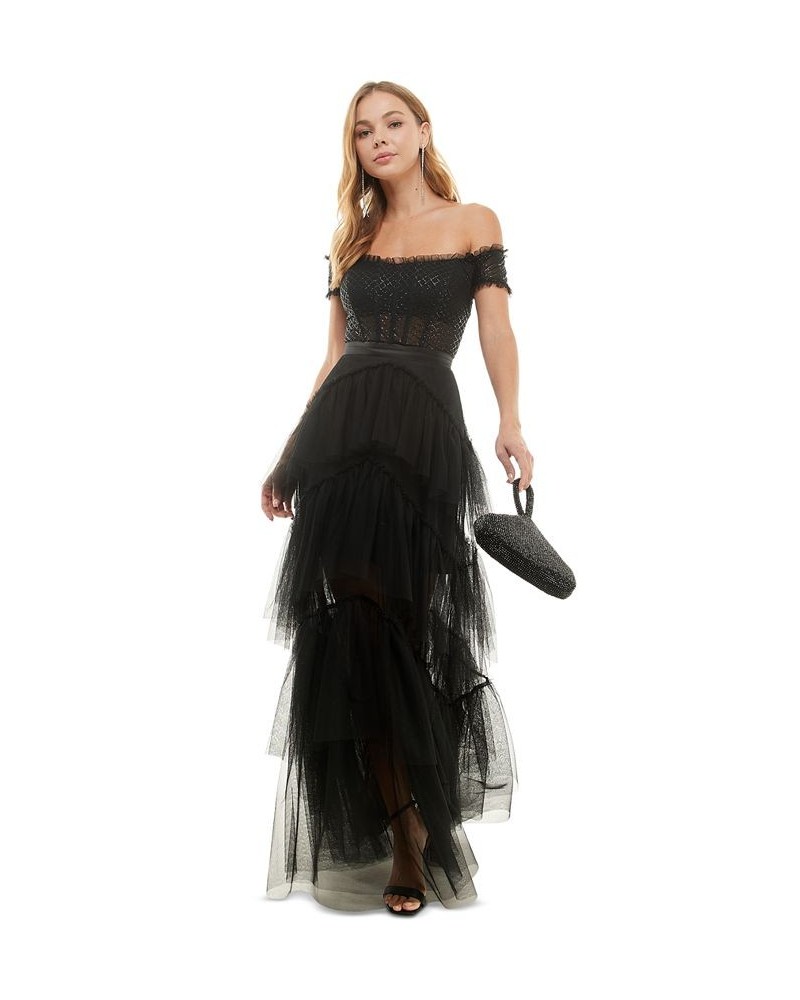 Juniors' Off-The-Shoulder Tiered Mesh Gown Black $84.50 Dresses