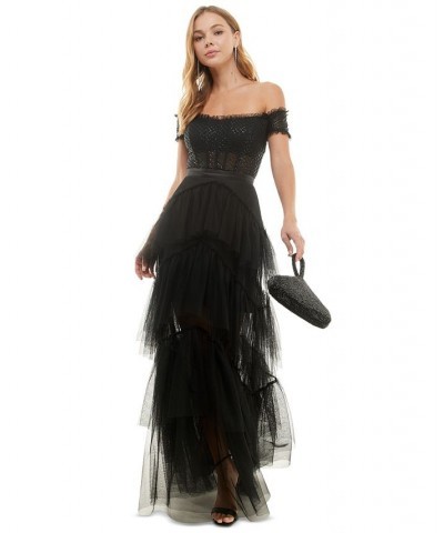 Juniors' Off-The-Shoulder Tiered Mesh Gown Black $84.50 Dresses