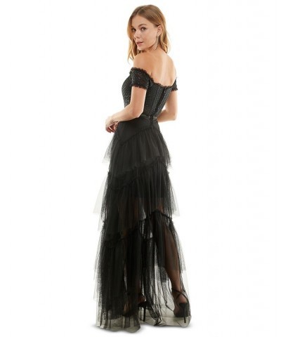 Juniors' Off-The-Shoulder Tiered Mesh Gown Black $84.50 Dresses