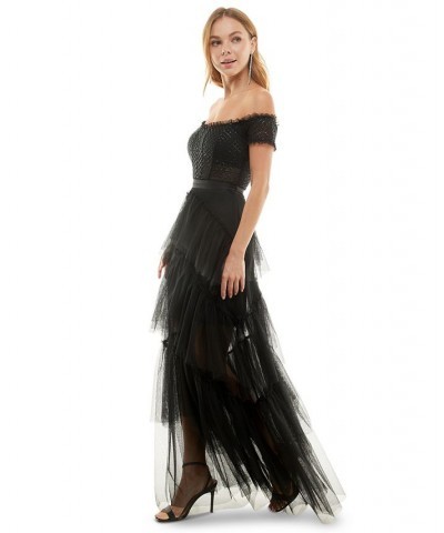 Juniors' Off-The-Shoulder Tiered Mesh Gown Black $84.50 Dresses