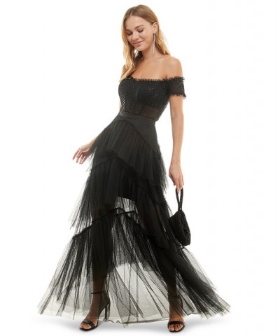 Juniors' Off-The-Shoulder Tiered Mesh Gown Black $84.50 Dresses