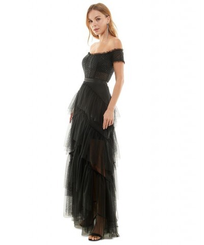 Juniors' Off-The-Shoulder Tiered Mesh Gown Black $84.50 Dresses