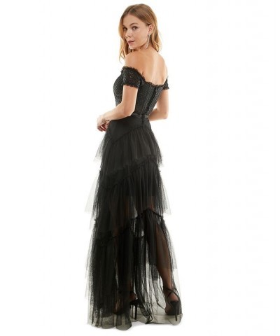 Juniors' Off-The-Shoulder Tiered Mesh Gown Black $84.50 Dresses