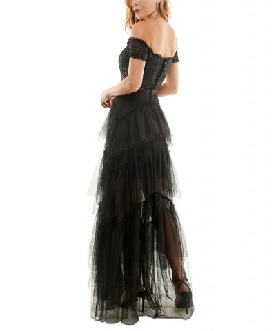 Juniors' Off-The-Shoulder Tiered Mesh Gown Black $84.50 Dresses