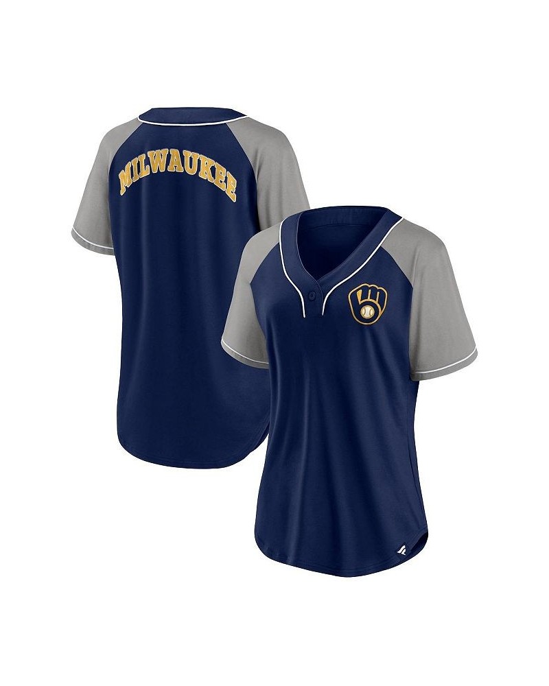 Women's Branded Navy Milwaukee Brewers Ultimate Style Raglan V-Neck T-shirt Navy $36.39 Tops