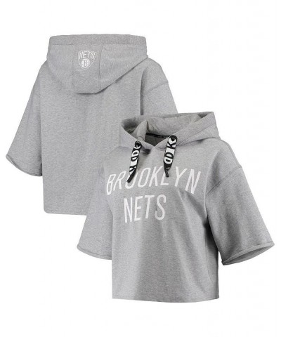 Women's Gray Brooklyn Nets Emma Cropped Pullover Hoodie Gray $41.59 Sweatshirts