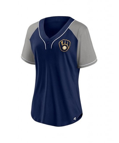 Women's Branded Navy Milwaukee Brewers Ultimate Style Raglan V-Neck T-shirt Navy $36.39 Tops