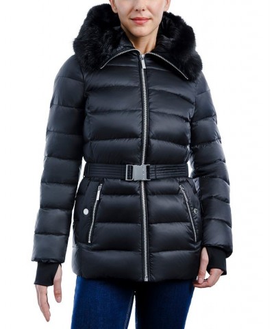 Women's Belted Faux-Fur-Trim Hooded Puffer Coat Black $79.20 Coats